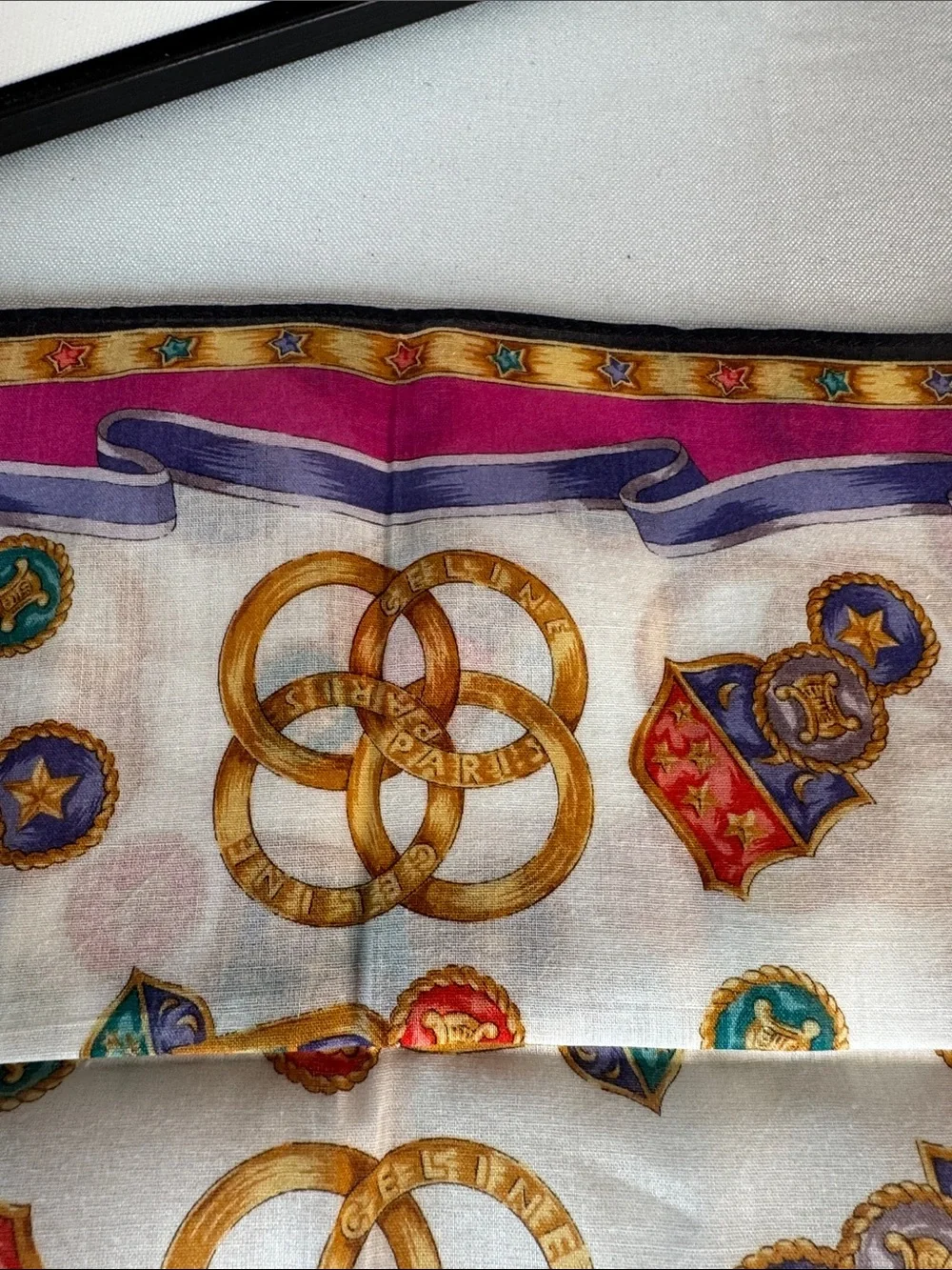 Celine Multicolor Medallion & Crest Cotton Scarf - White, Gold, Purple (NWOT)